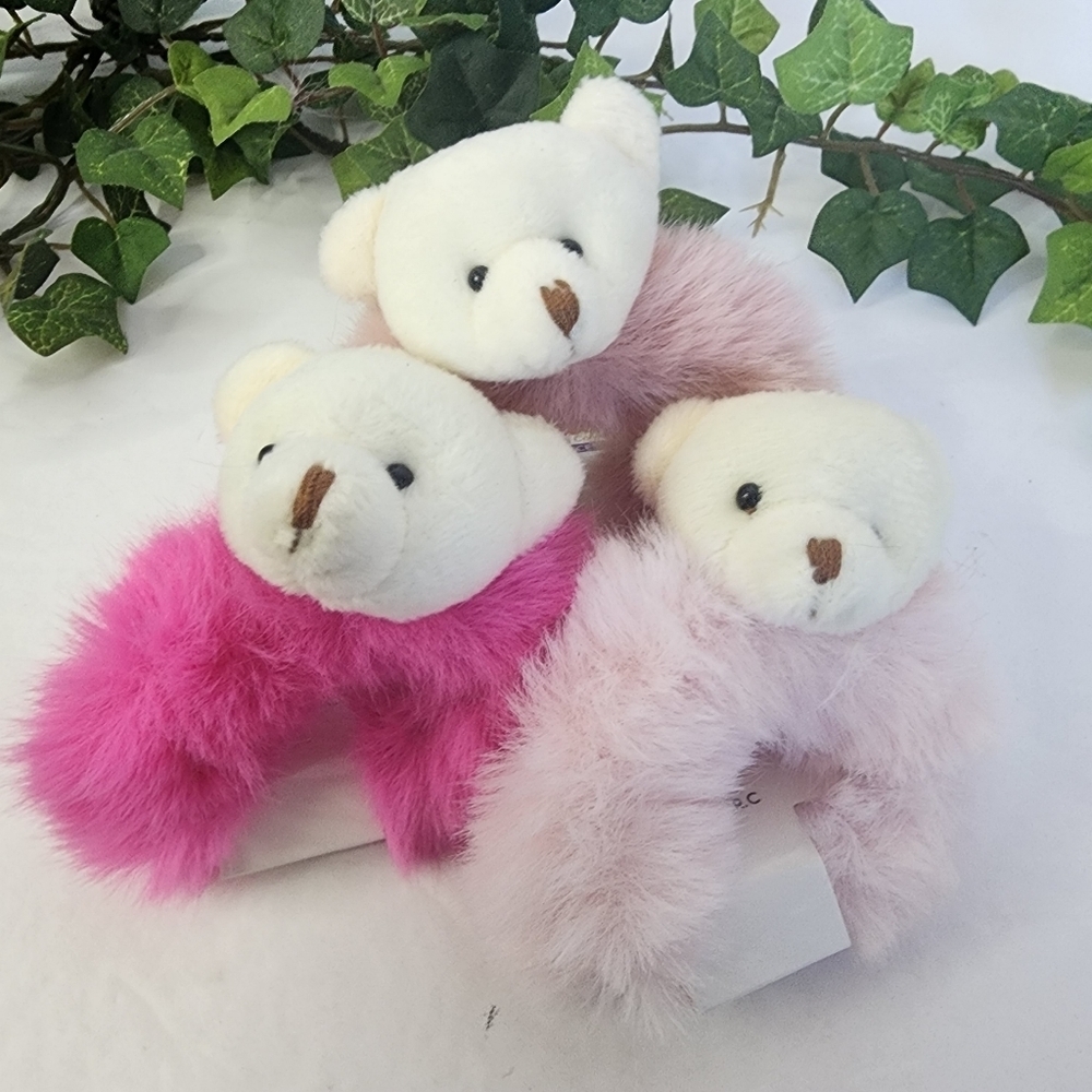Set of 3 Pink Fuzzy Teddy Bear Head Hair Ties